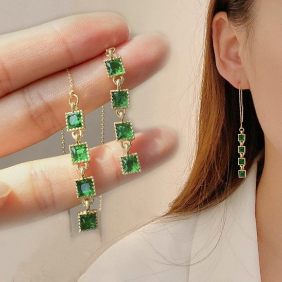 đ 18K Yellow Gold Plating Emerald Dangle Earrings For Women, HA4520 - Picture 4 of 6